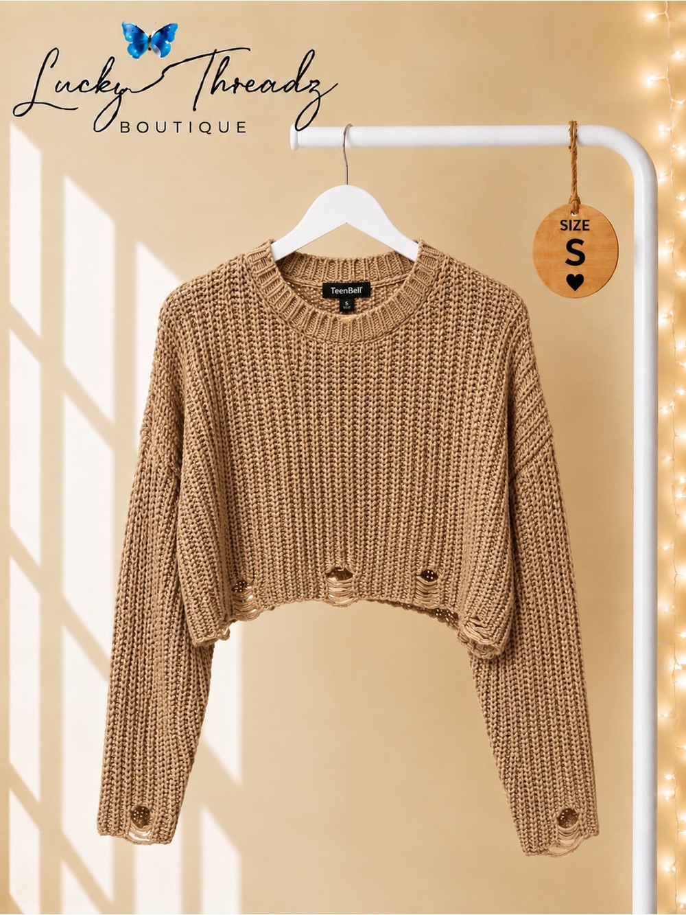 Tan Distressed Cropped Knit Sweater S Grunge